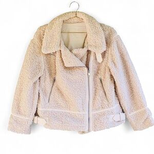 Cream Teddy Moto Jacket — A.N.A Reversible Sherpa Aviator Coat — Cozy Faux Fur